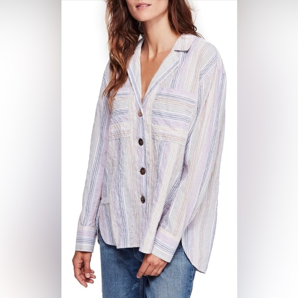 Free People High Tide Striped Boho Button-Down Top blouse pink white size S - Picture 1 of 13